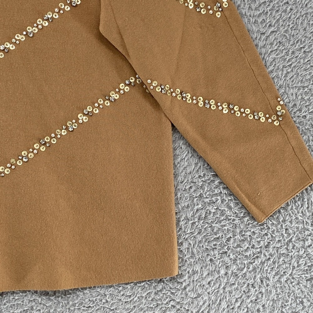 Chicos Sweater Womens 3 / XL Brown Diagonal Beaded‎ Neutral Knit Pullover Sequin - Picture 4 of 15